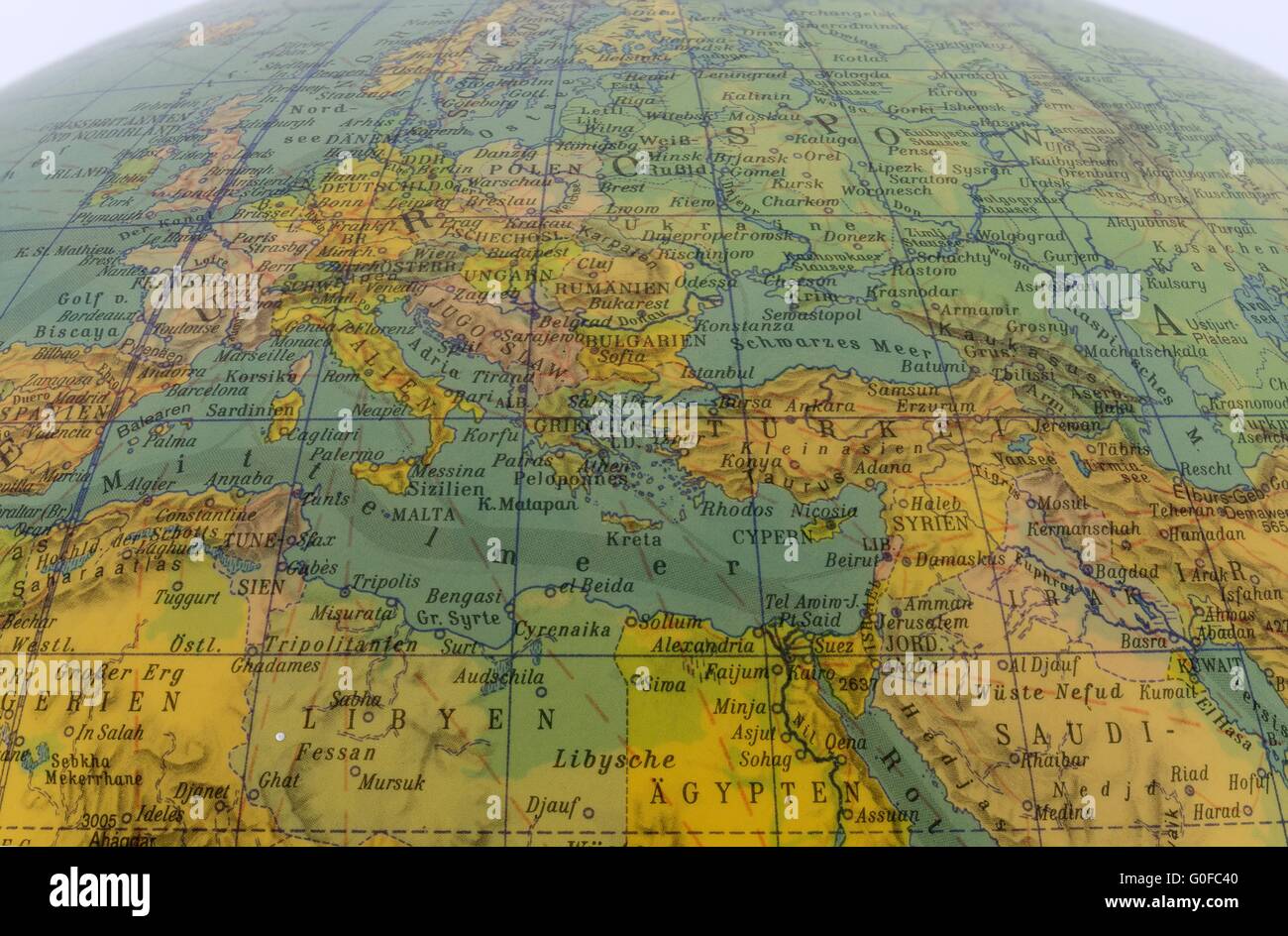 Mediterranean region on an old globe Stock Photo