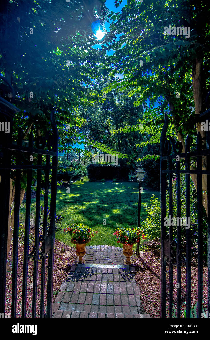 Classical design black wrought iron gate in a beautiful green garden ...