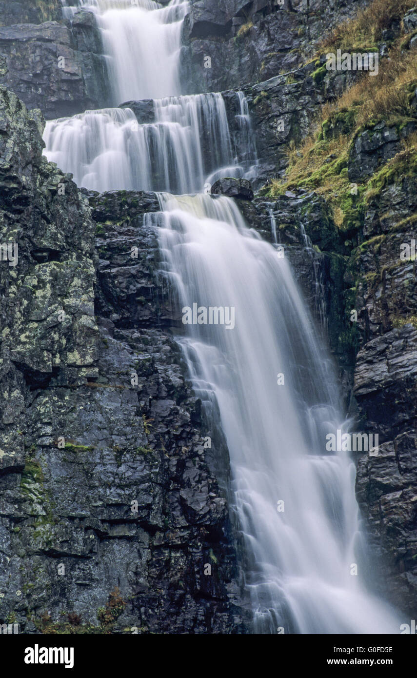 Njupeskaer has a waterfall drop from 125m Stock Photo