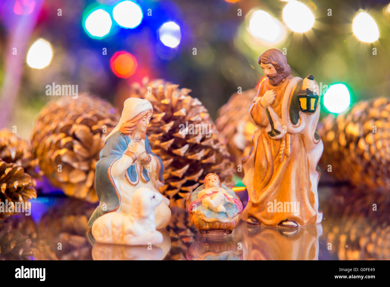 nativity set with mary joseph and jesus with christmas lights ...