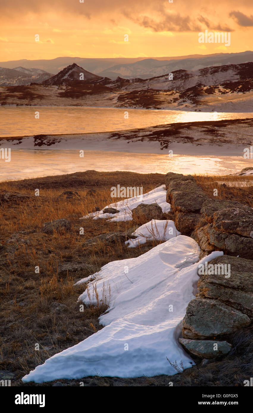Siberian landscape near lake Baikal at sunse Stock Photo