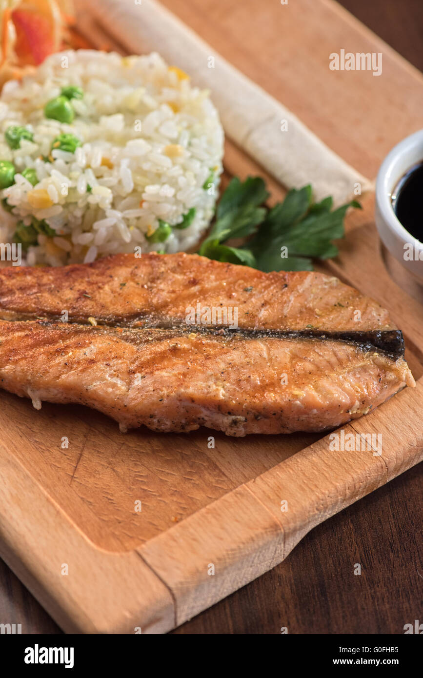Grilled salmon with rice Stock Photo Alamy