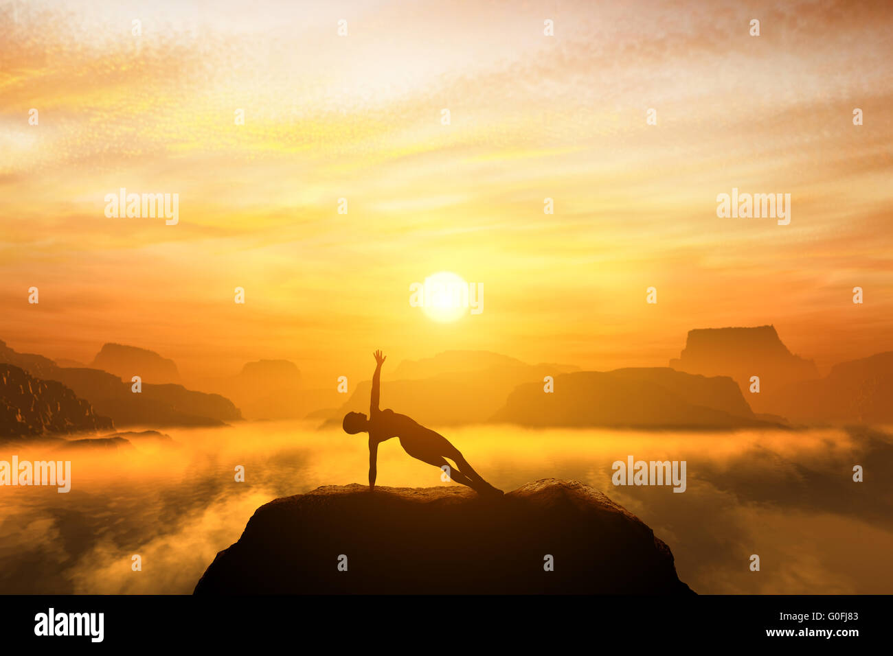 Woman meditating in side balance yoga position on the top of mountains above clouds at sunset. Zen Stock Photo