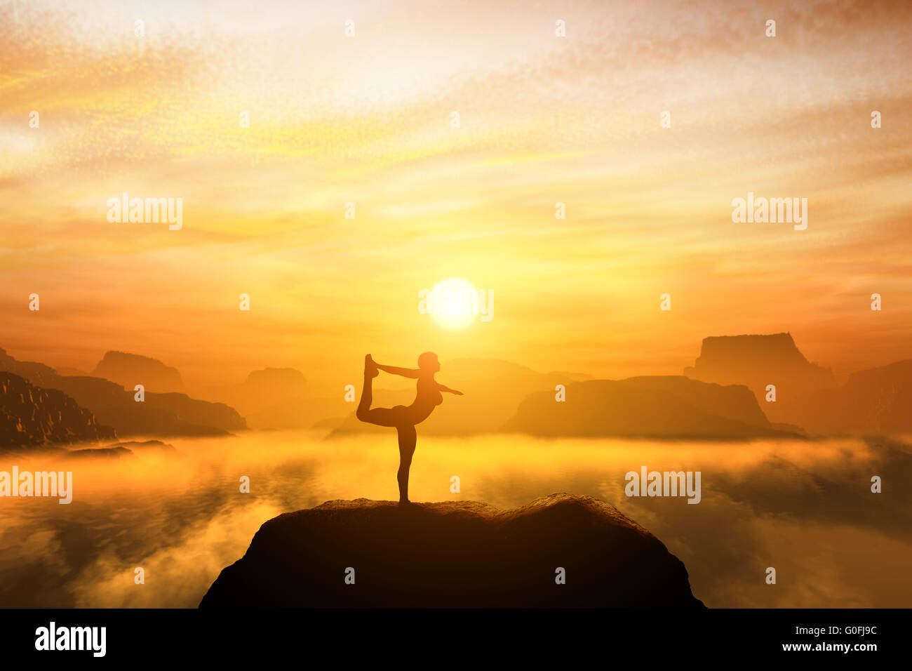 Woman meditating in the dancer yoga position on the top of mountains above clouds at sunset. Zen Stock Photo