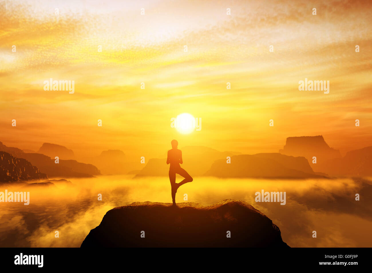 Woman meditating in tree yoga position on the top of mountains above clouds at sunset. Zen Stock Photo