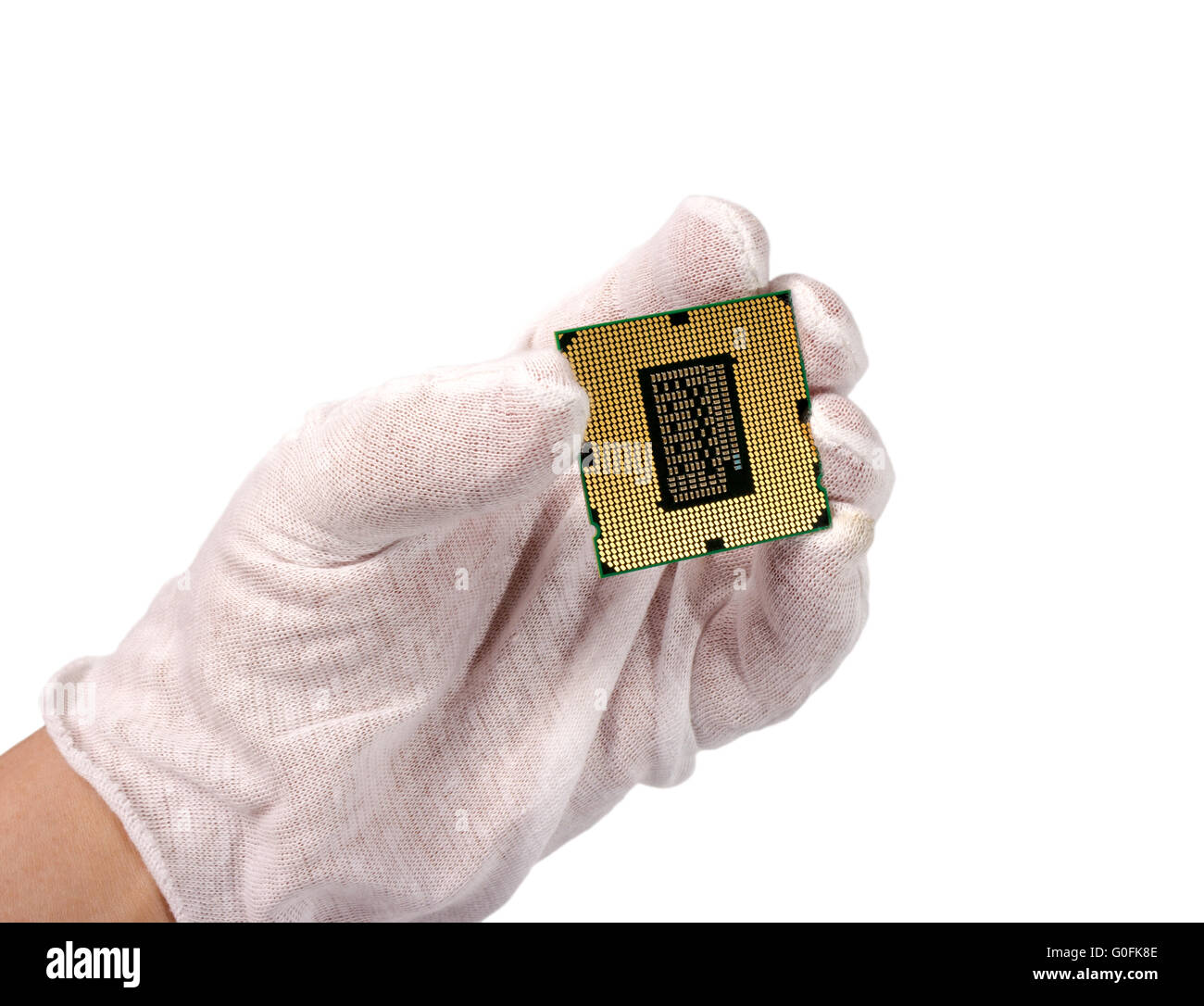 Hand and CPU from the bottom side isolated white Stock Photo