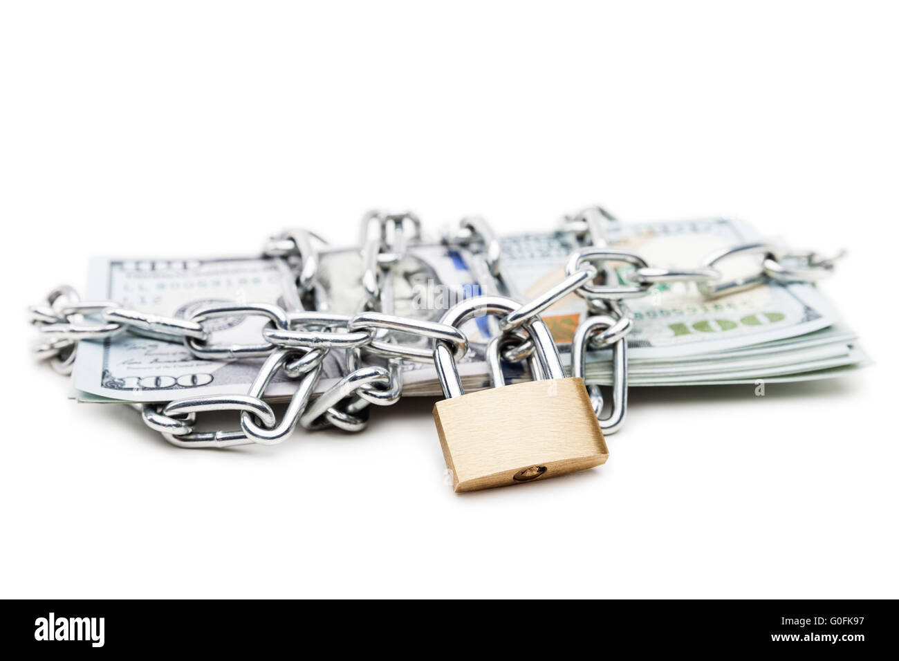 Chain link with padlock on dollar currency money Stock Photo
