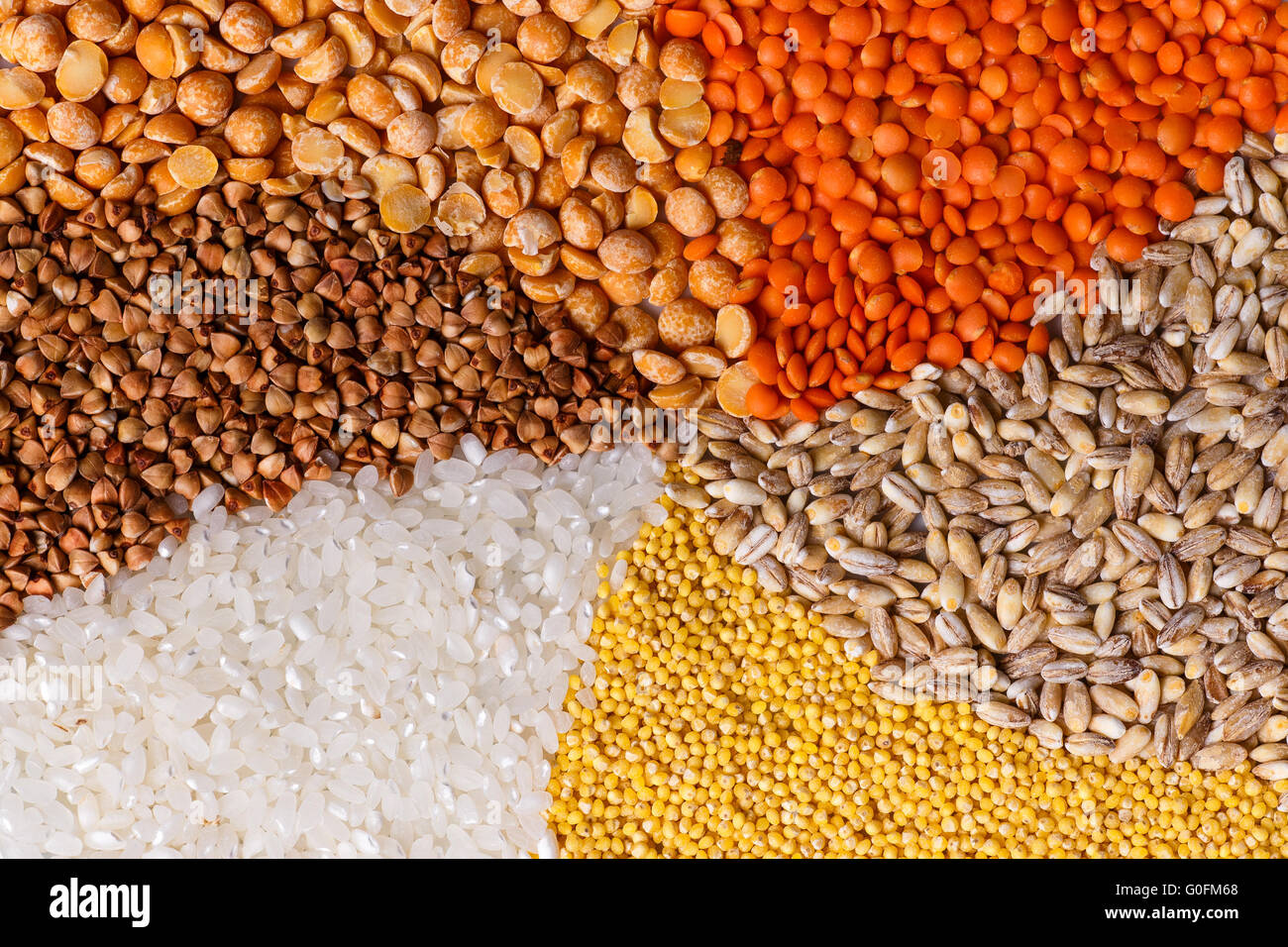 Twisted cereals: pea lentil wheat millet rice buck Stock Photo - Alamy