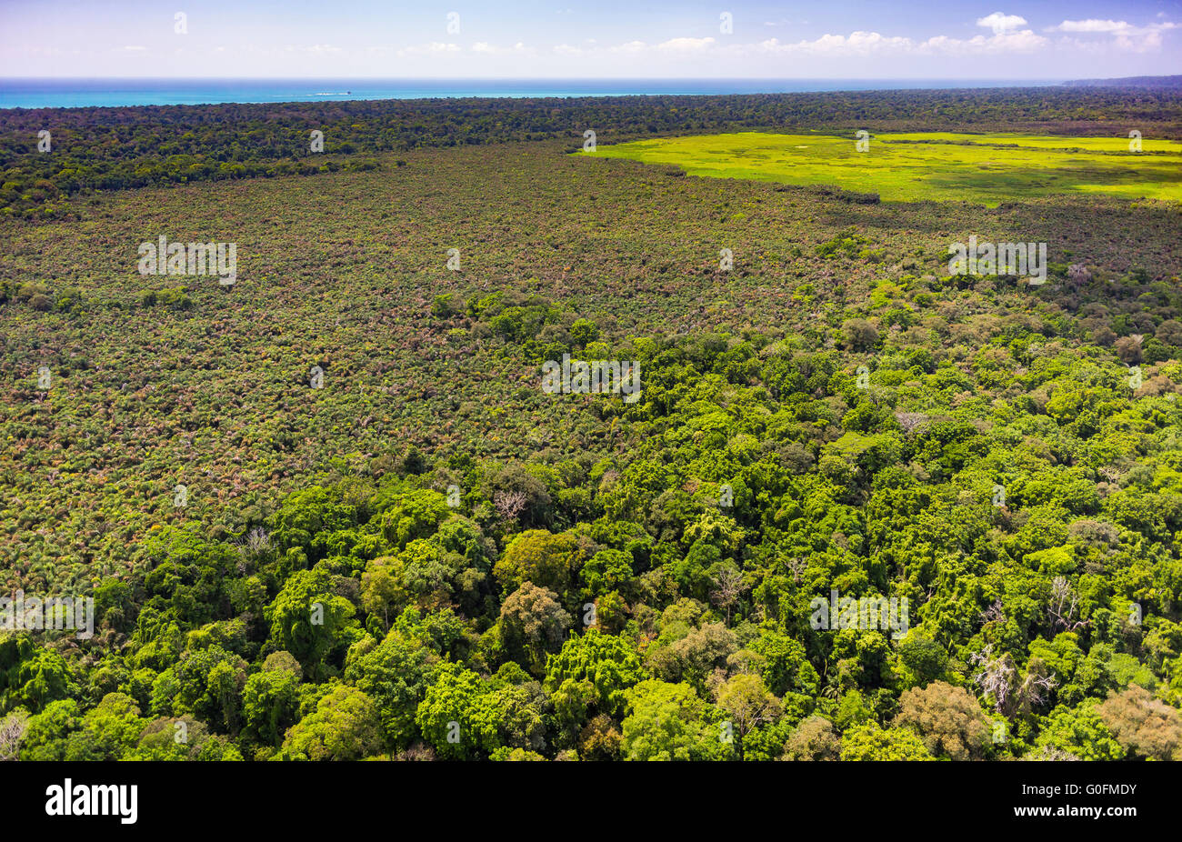 CORCOVADO NATIONAL PARK, COSTA RICA - Aerial of Lake Corcovado, covered with vegetation, rain forest, Osa Peninsula. Stock Photo