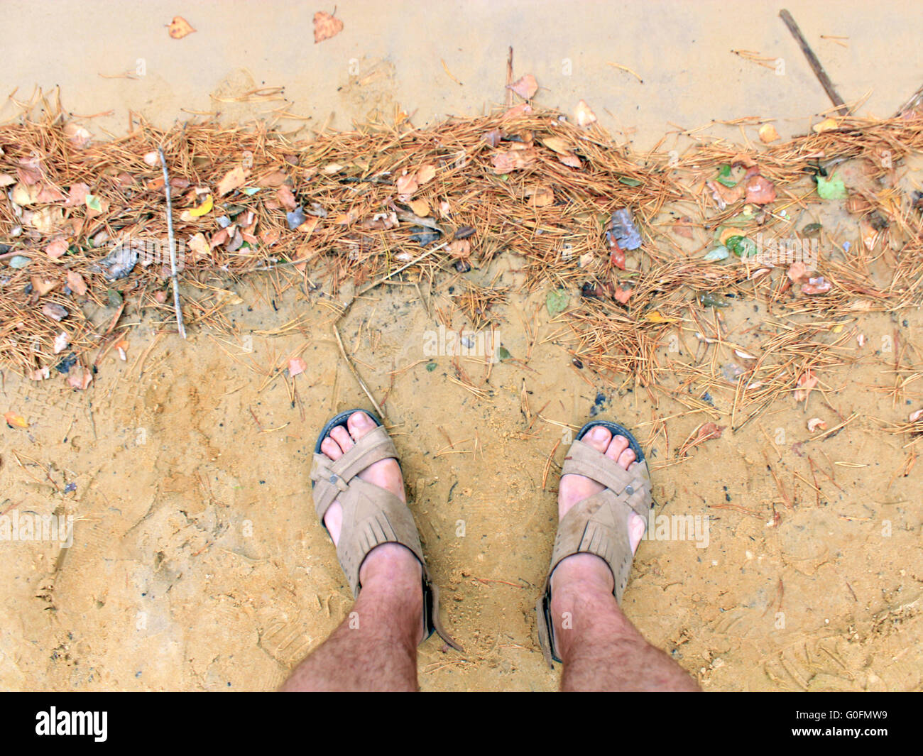 feet of the traveller standing on the sand of fore Stock Photo