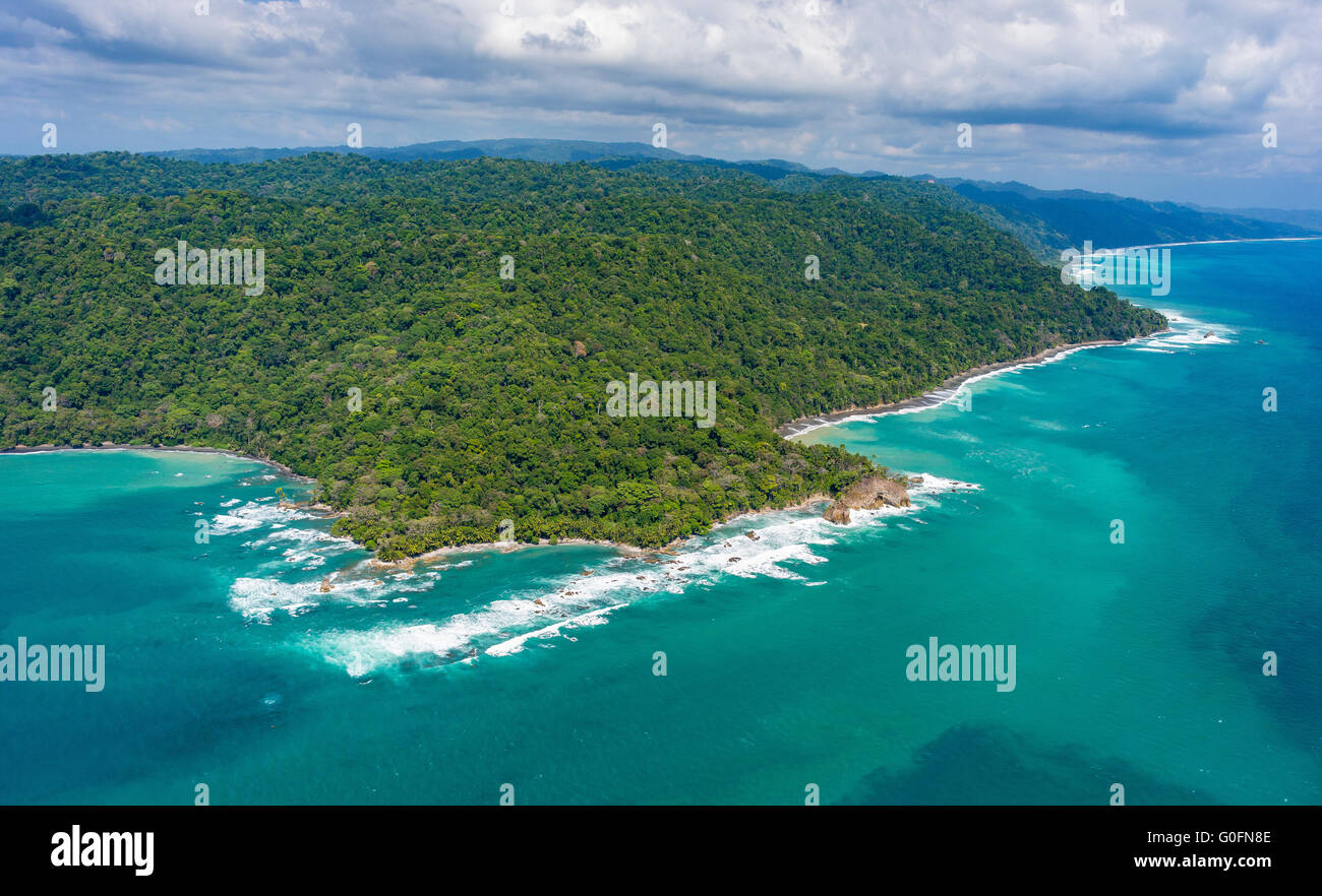 CORCOVADO NATIONAL PARK, COSTA RICA - Aerial of Osa Peninsula rain forest and the Pacific Ocean coast. Stock Photo