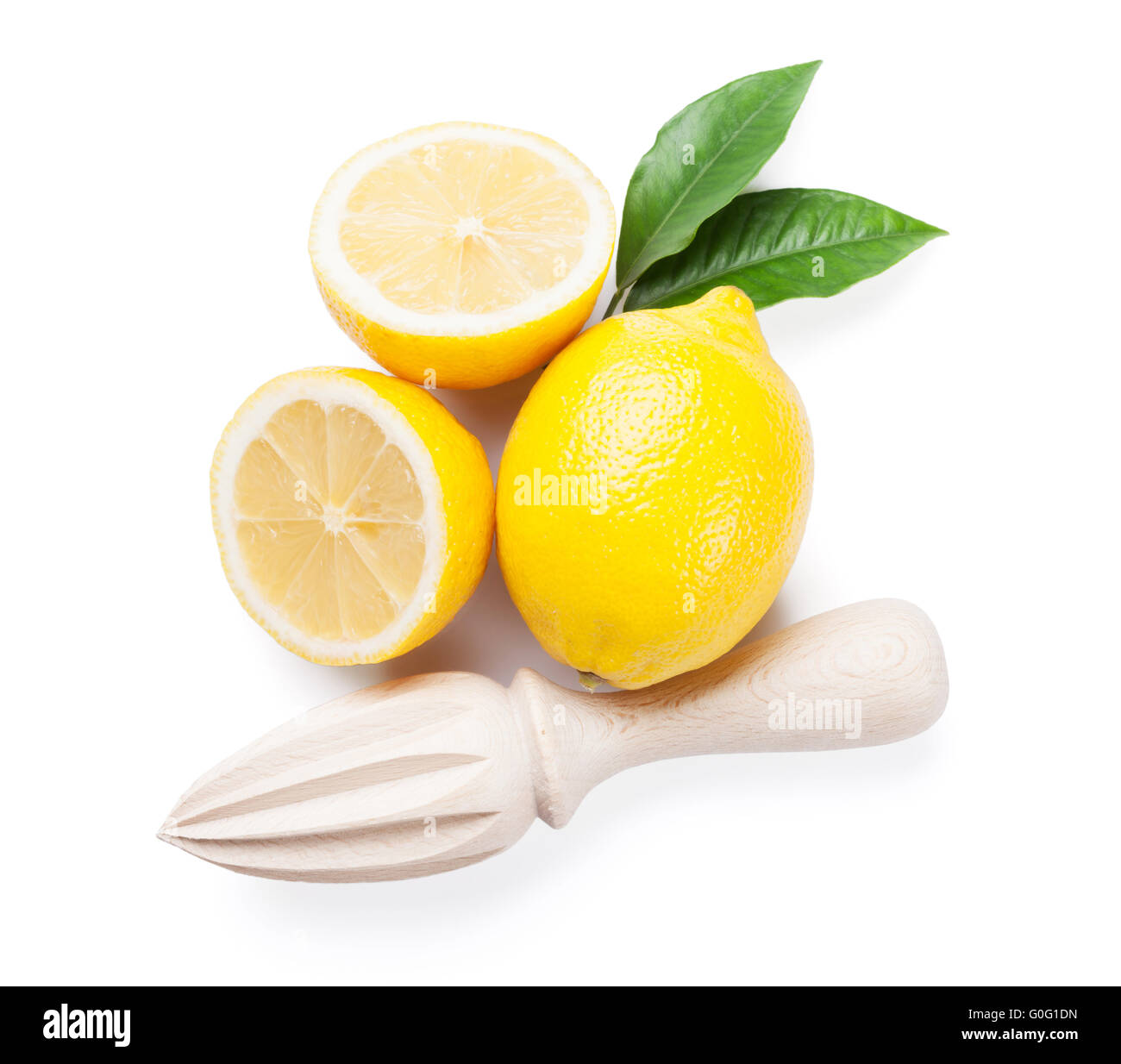 Fresh ripe lemons and juicer. Isolated on white background. Top view Stock Photo