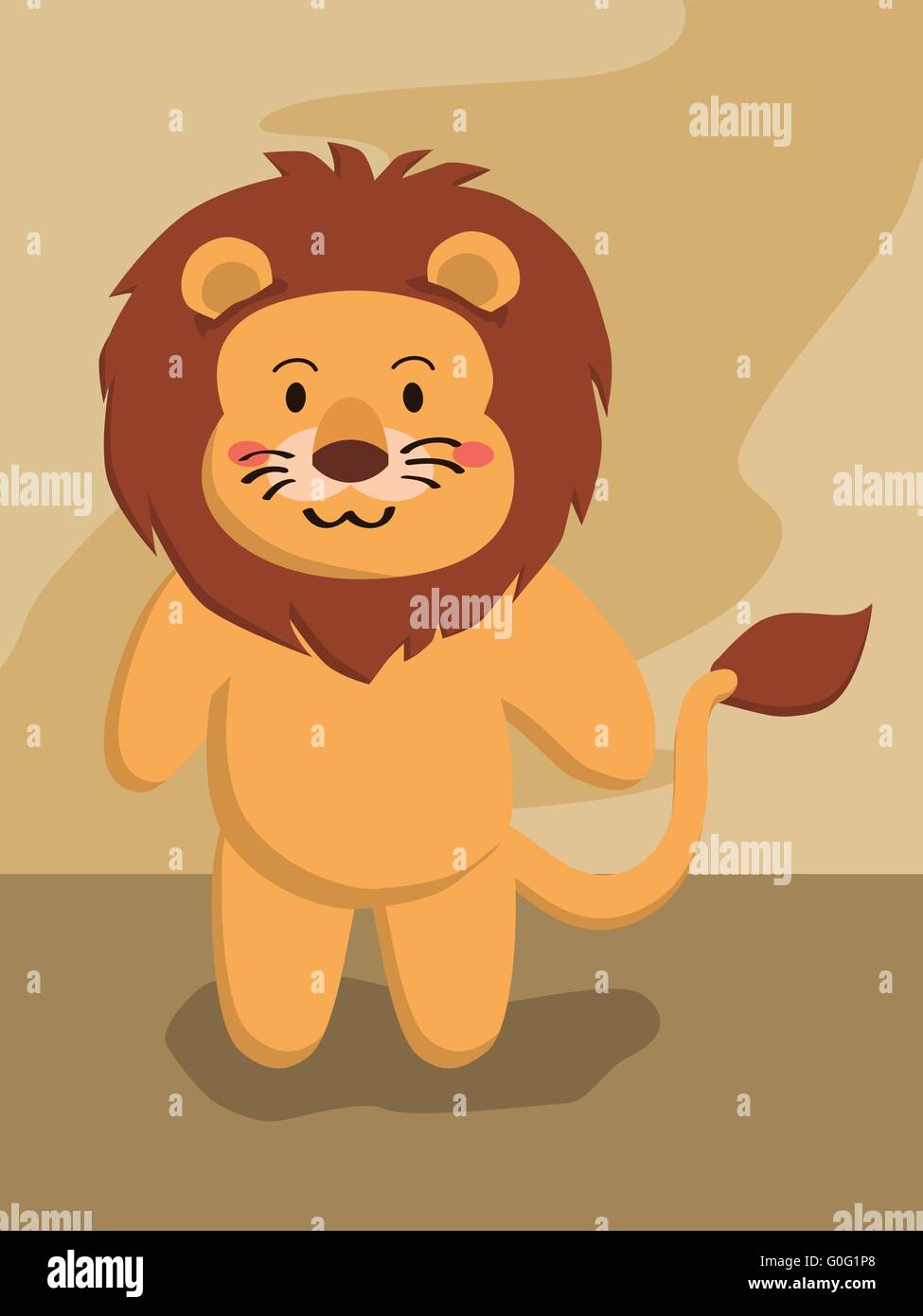 Vector illustration of a cute cartoon lion standing in brown background