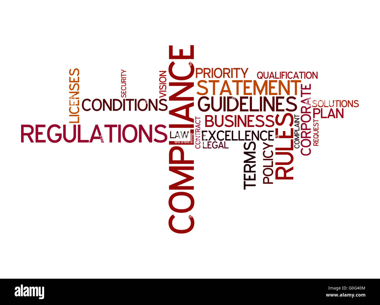 Word cloud for compliance, rules and regulations Stock Photo