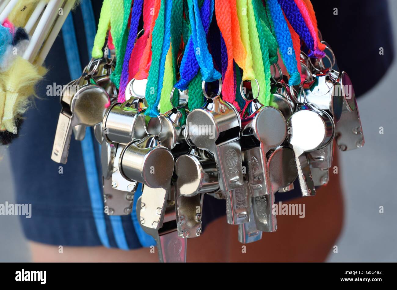 Large group of colorful tin whistles Stock Photo Alamy