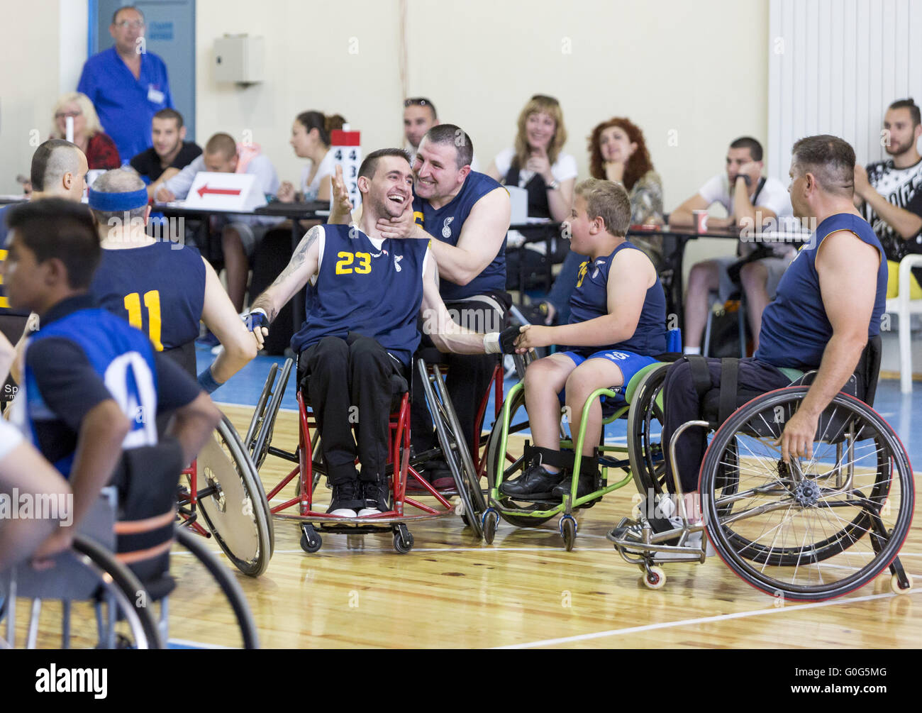 Basketball in wheelchairs for physically disabled players Stock Photo