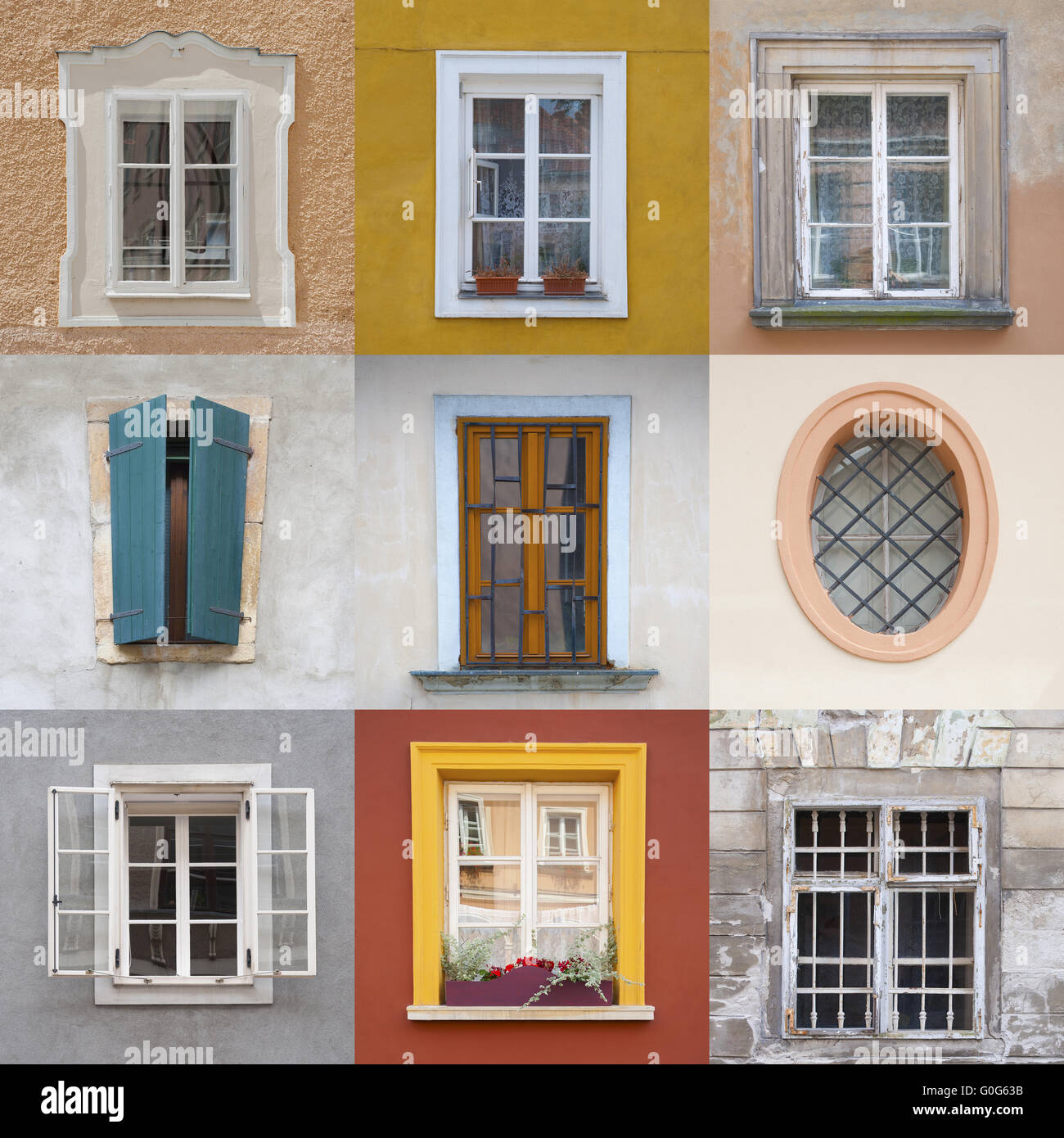 Set of different colored boxes on colored facades. Stock Photo