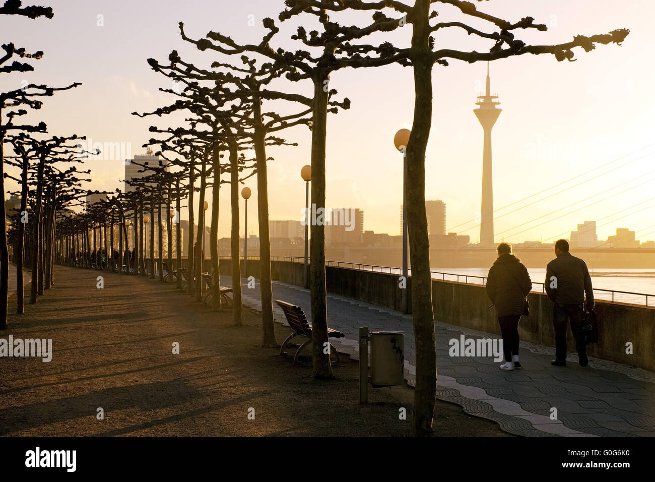 Two people on the Rhine promenade, Duesseldorf, North Rhine-Westphalia ...