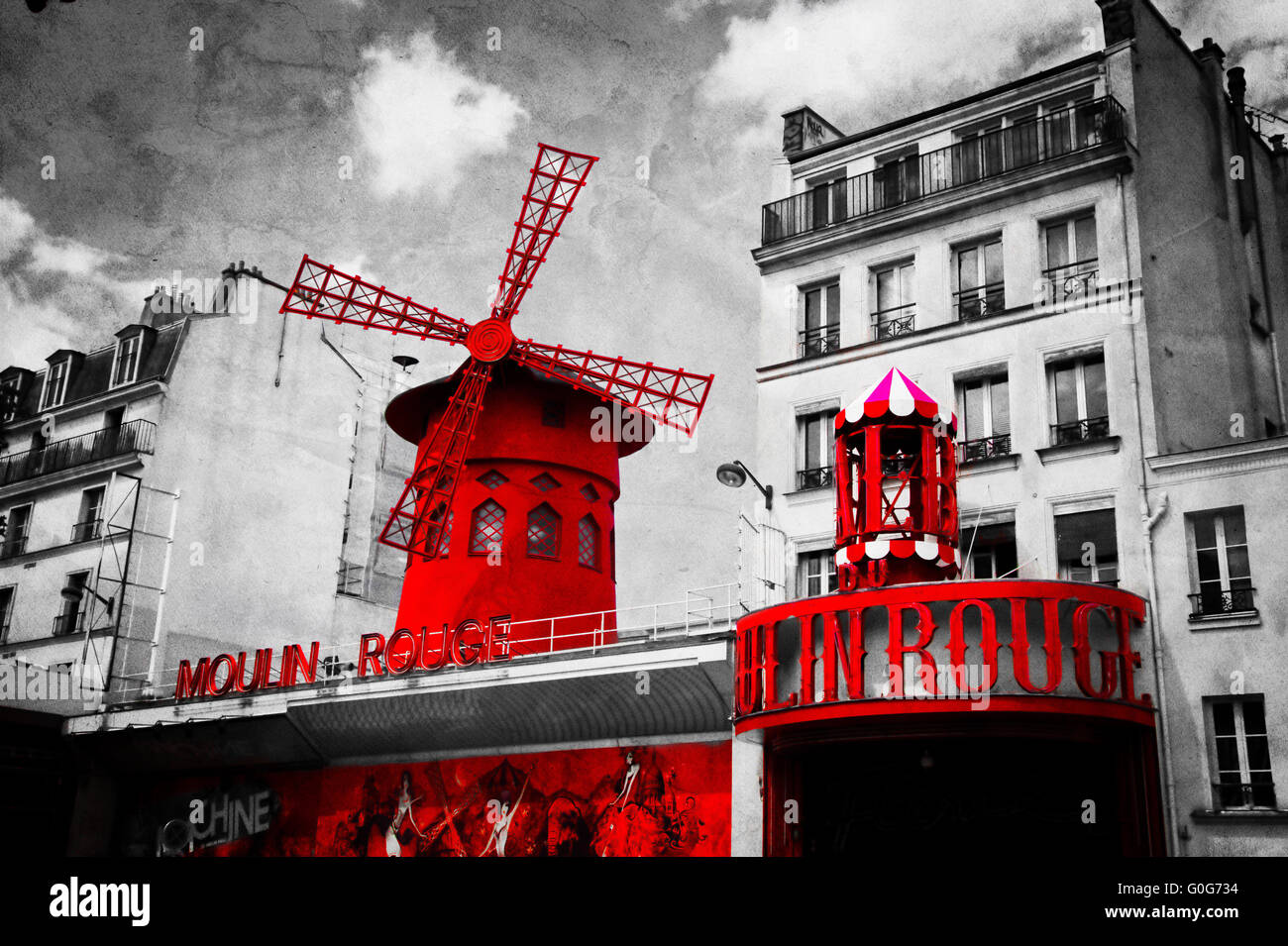The Moulin Rouge vintage retro depiction in black and white with red elements Stock Photo