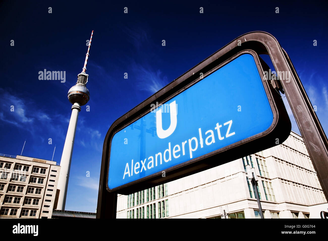 U-bahn Alexanderplatz sign and Television tower Stock Photo