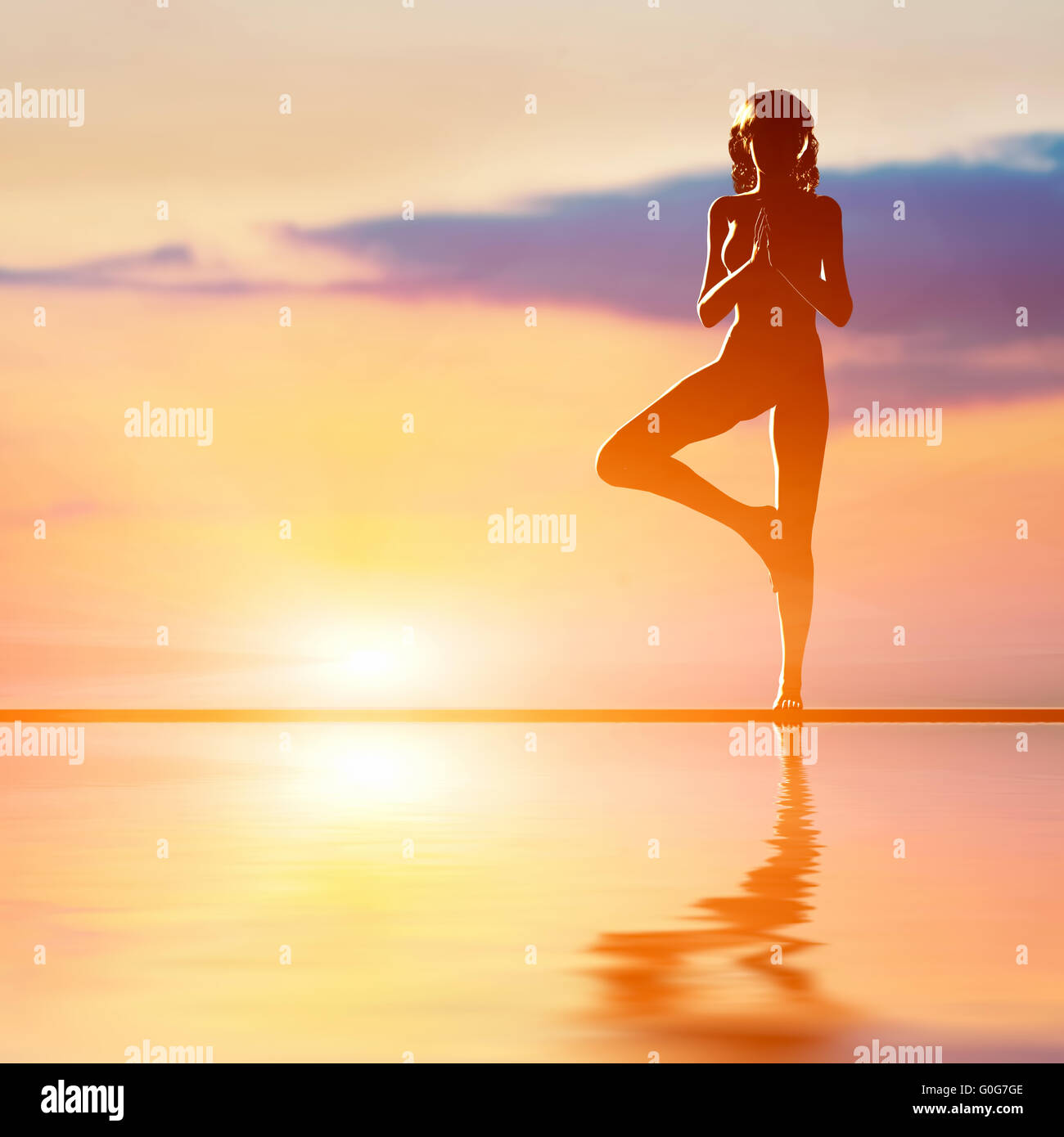 A silhouette of a woman standing in tree yoga position Stock Photo