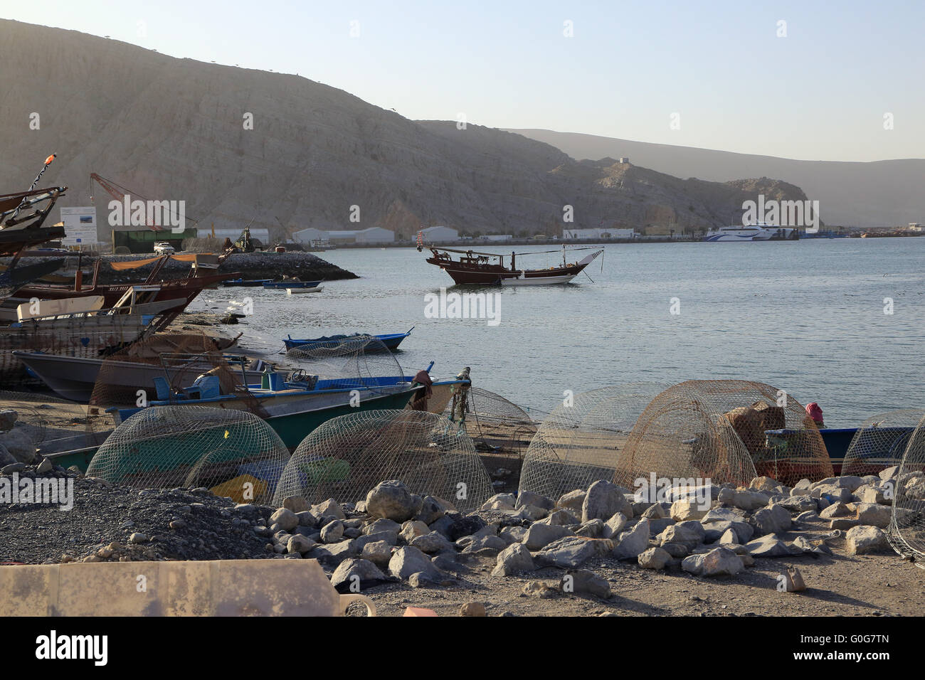 Oman, Kashab, Dhows a boats in the port Stock Photo