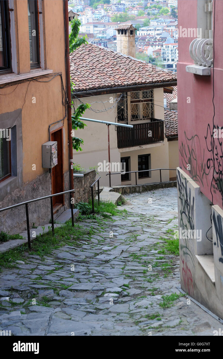 Narrow Cobbled Street in Veliko Tarnovo Stock Photo
