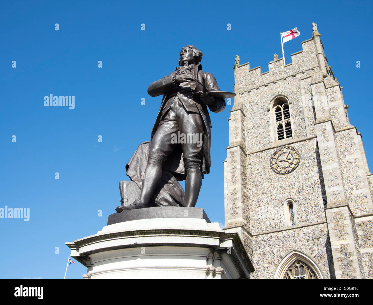 A statue of the artist Thomas Gainsborough outside St Peter's Church in Sudbury, Suffolk, England. Stock Photo