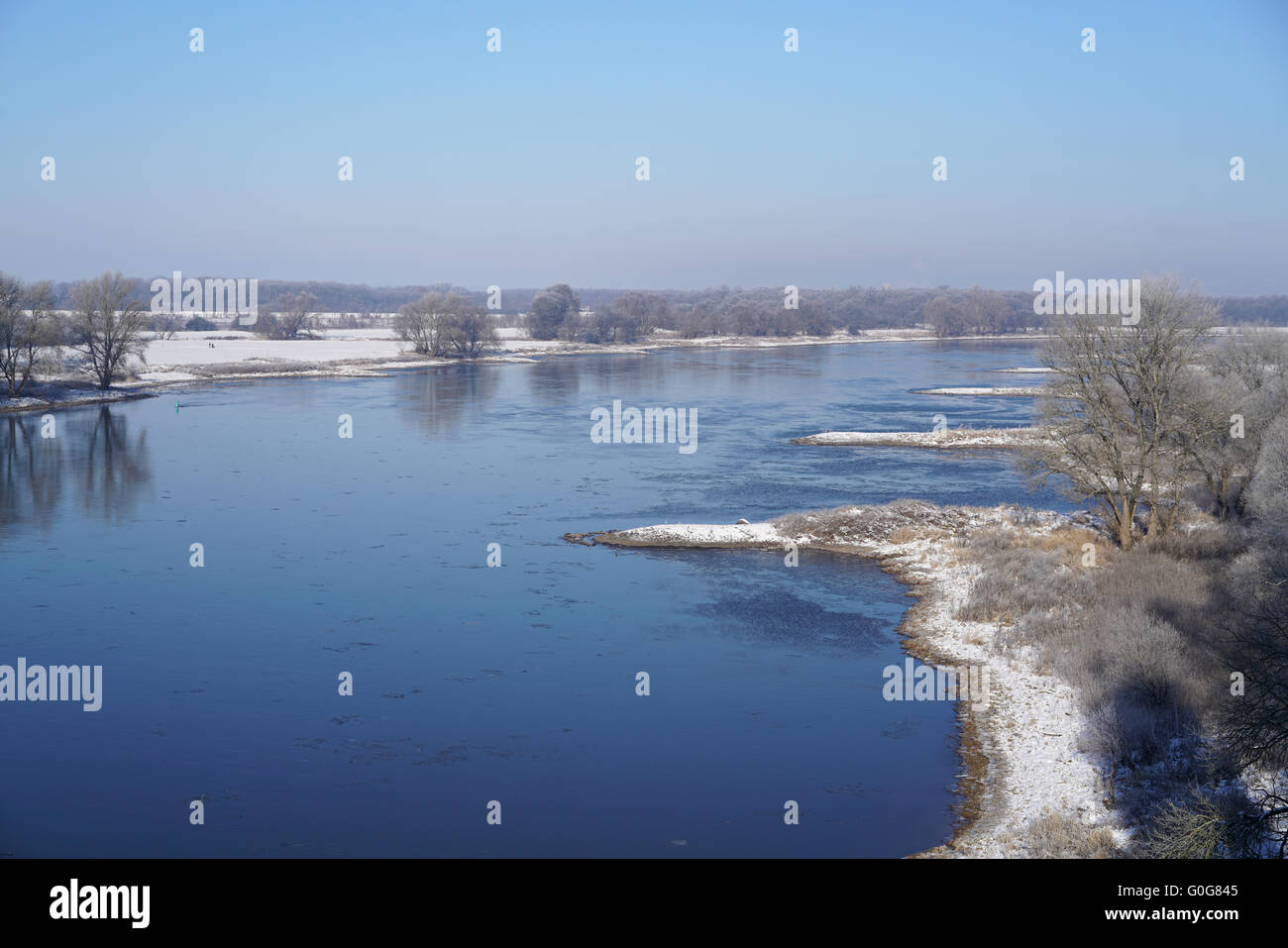 view of the Elbe River near Magdeburg in the winter Stock Photo