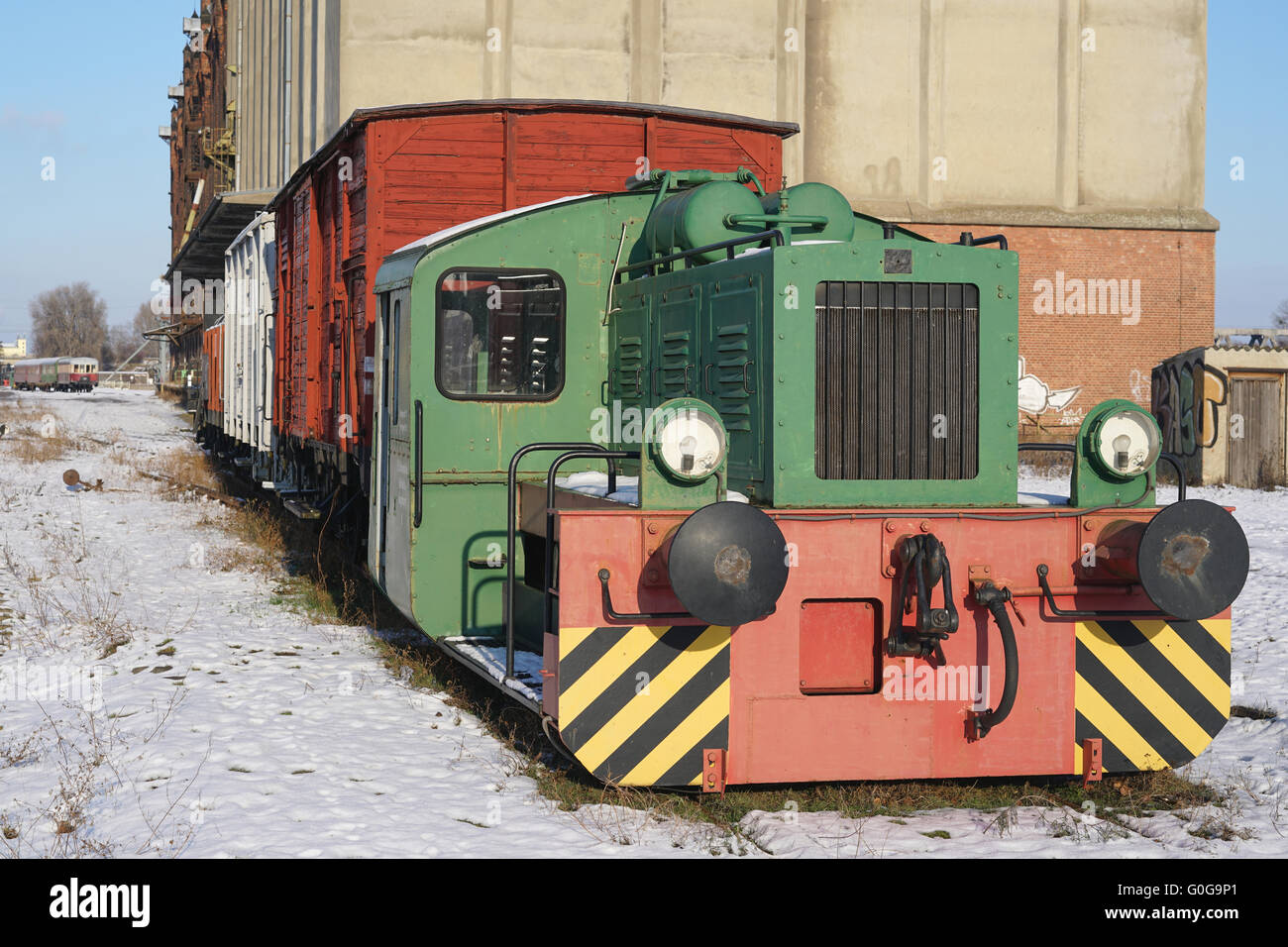 old locomotive on the siding at the port of Magdeburg Stock Photo