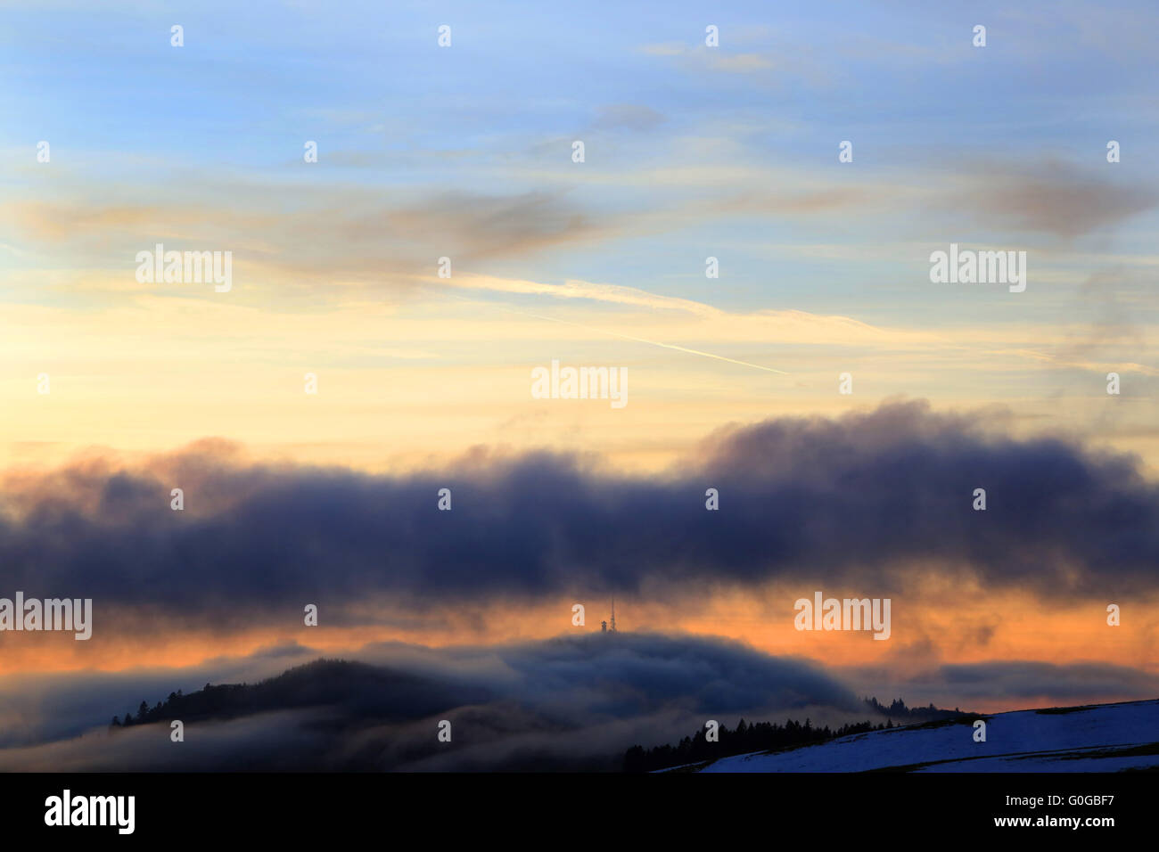 Sunset in the Black Forest looking to the Hohe Moehr Stock Photo