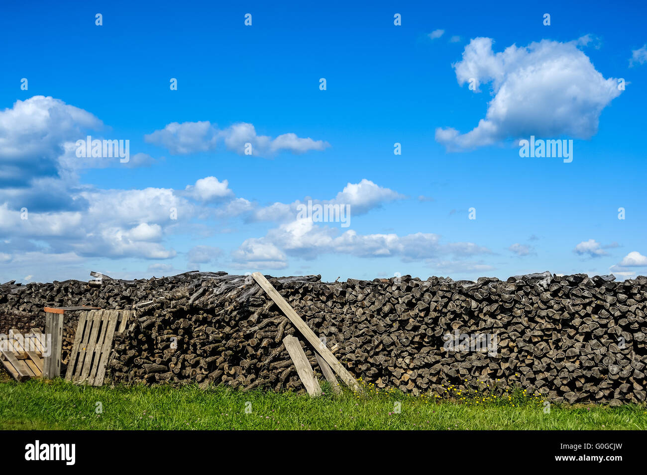 Lumberyard outdoors with clouds and blue sky Stock Photo