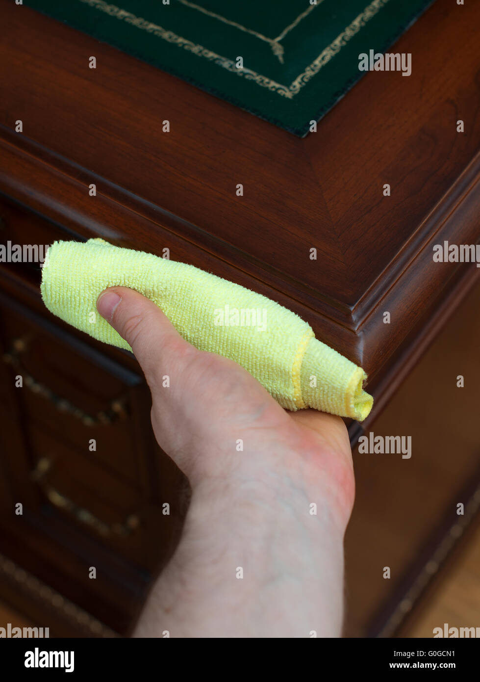 Man S Hand Wipes Dust From Antique Furniture Stock Photo