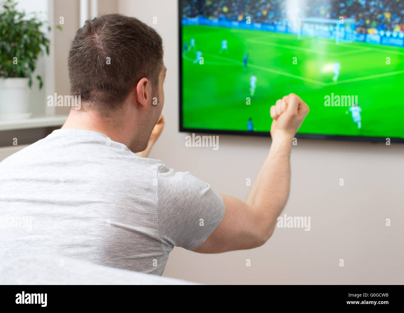 Man watching football match on television at home Stock Photo Alamy