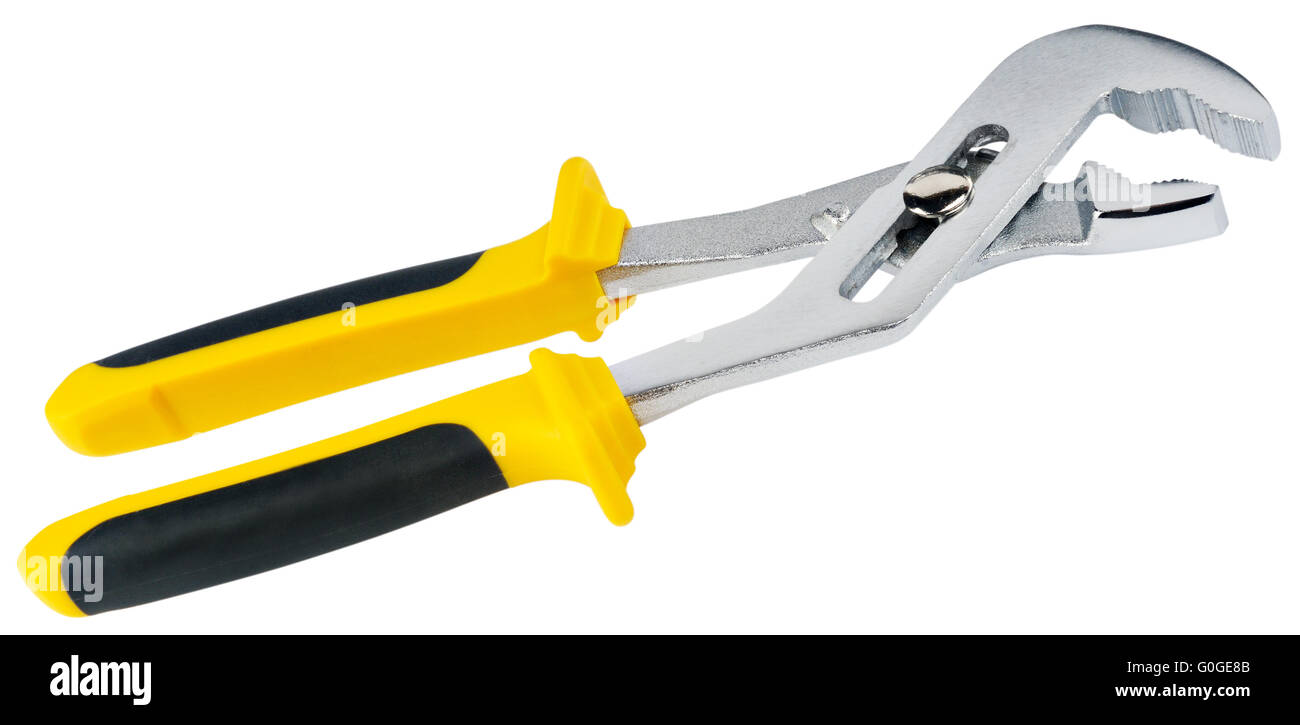 Adjustable stainless steel spanner with plastic handles isolated on