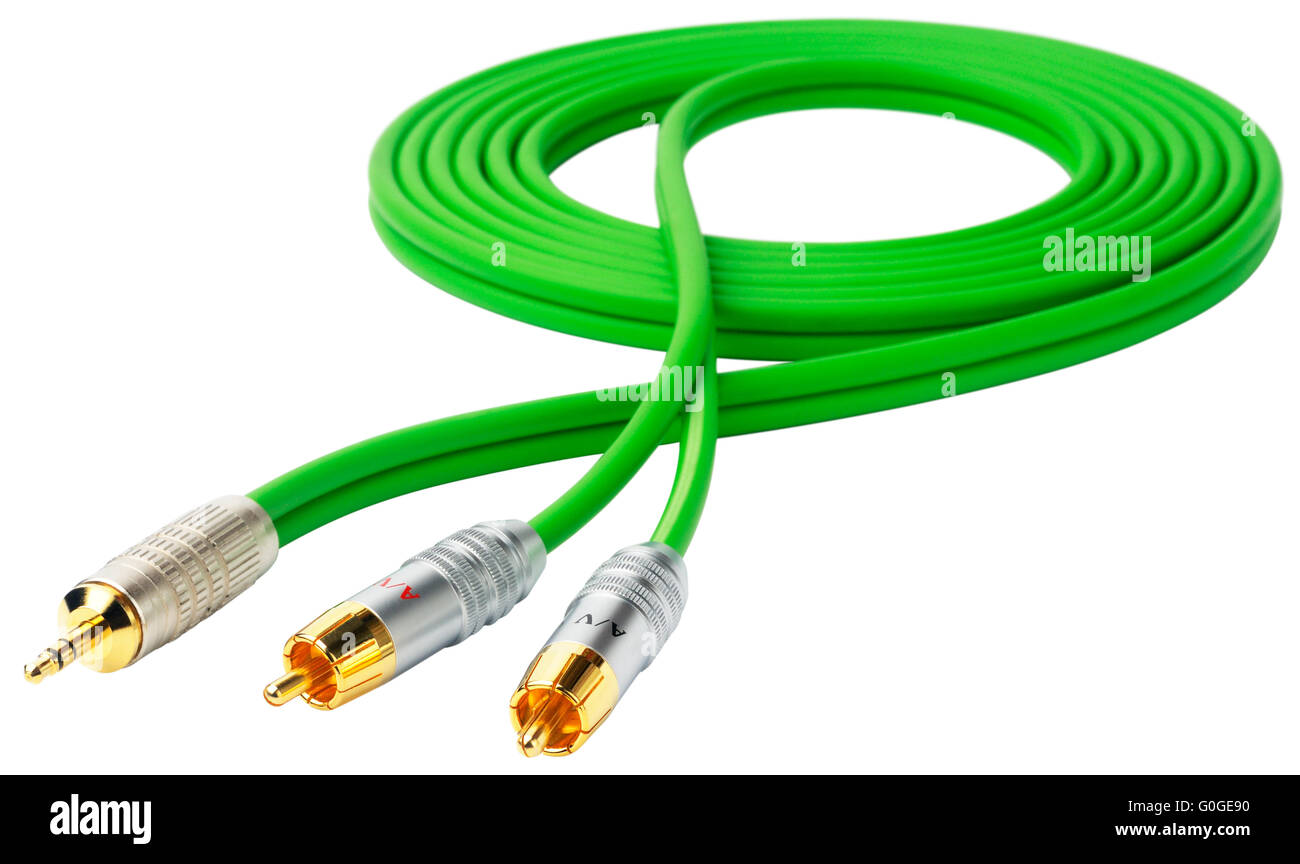 Green audio cable with three connectors isolated on white Stock Photo