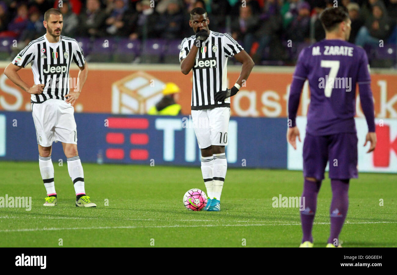 ITALY, Florence: Juventus's defender Leonardo Bonucci (L) and Juventus's midfielder Paul Pogba looks during the Italian Serie A  Stock Photo