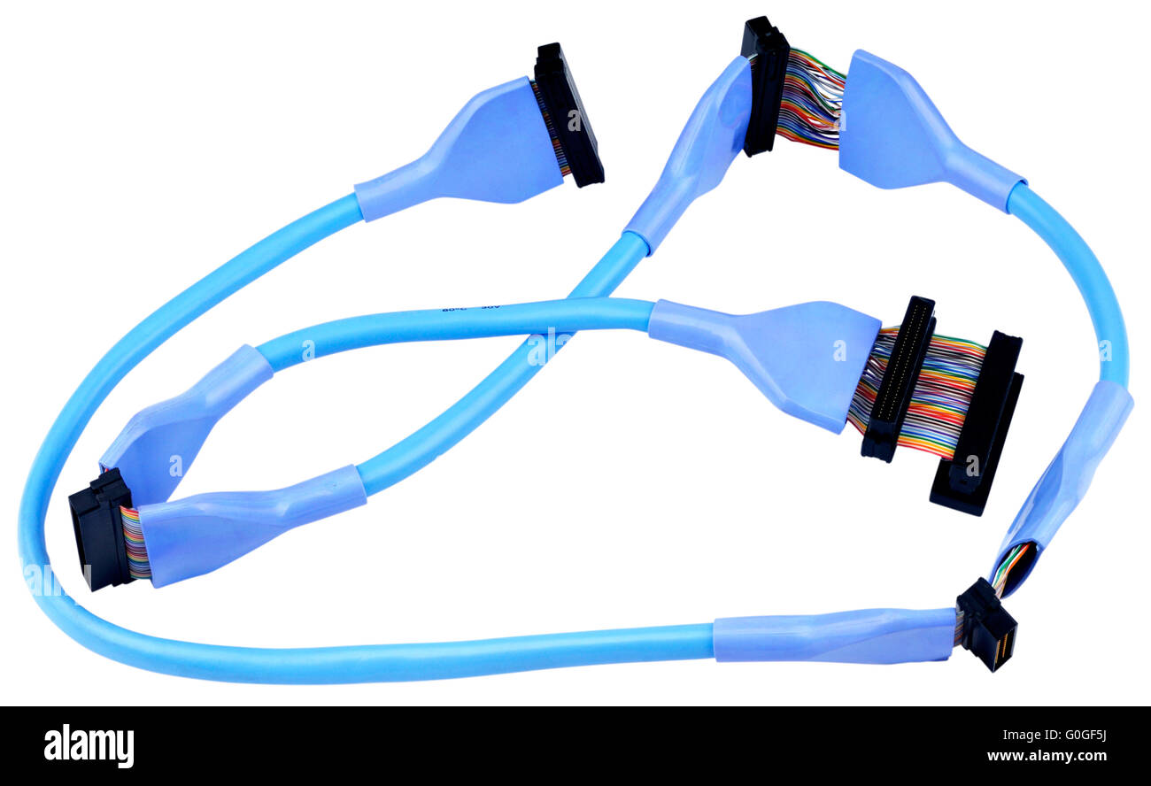 Blue SCSI data cable with connectors isolated on white Stock Photo