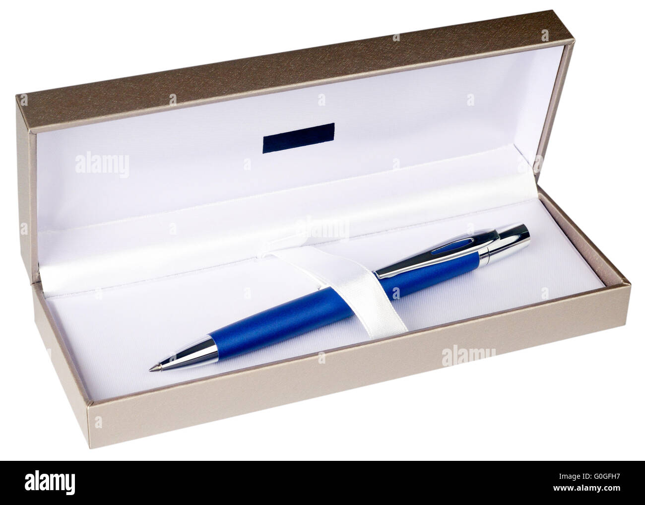 Blue with silver ball-point pen in decorative box isolated on white Stock Photo