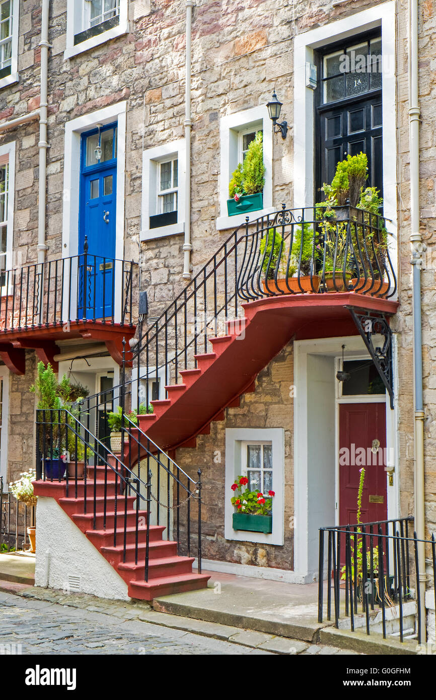 Two entrance doors with stairs seen in Edinburgh, Scotland Stock Photo