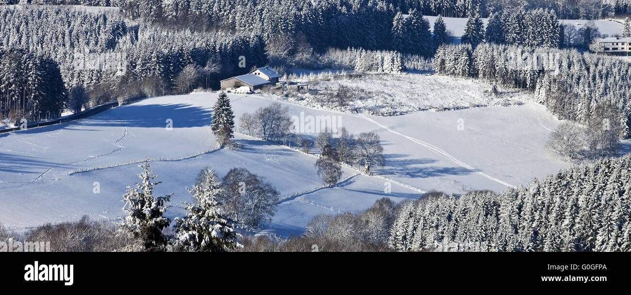 view to single residental building in snowy landscape of Wildewiese, Sundern, Sauerland, Germany Stock Photo