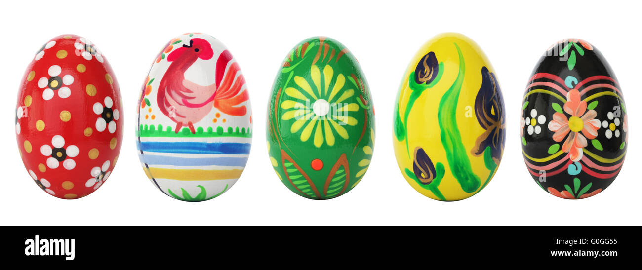 Hand painted Easter eggs isolated on white. Spring patterns art. Stock Photo