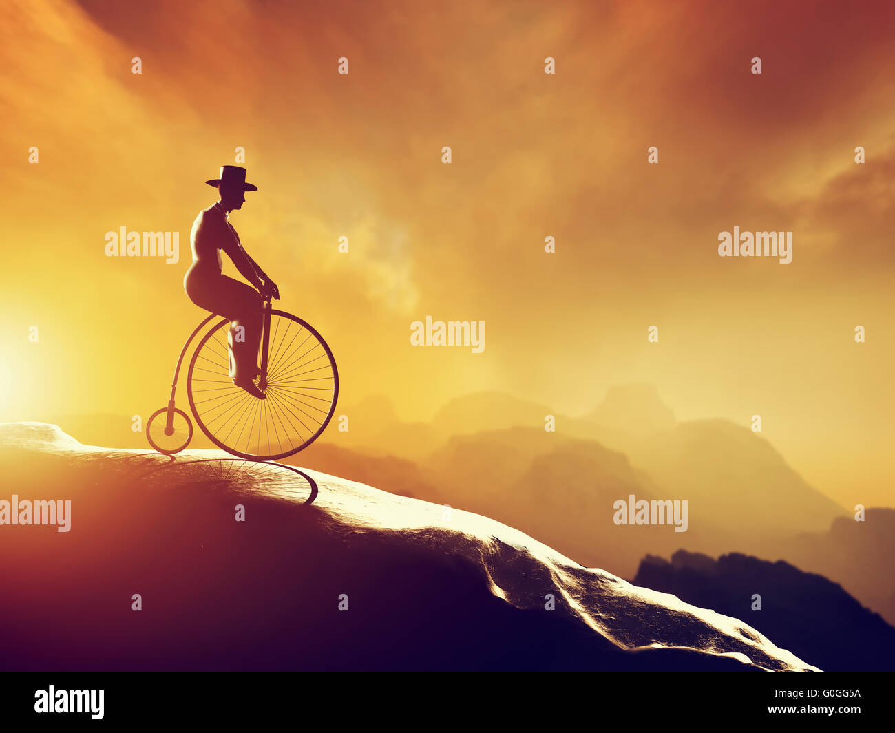 Man on retro bicycle riding downhill. Mountains scenery at sunset. Conceptual Stock Photo