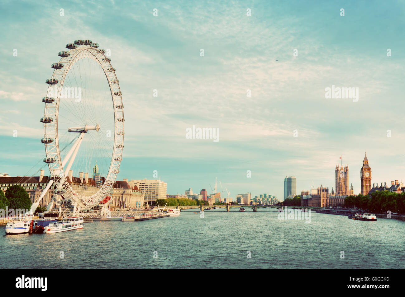 London, the UK skyline. Big Ben, London Eye and River Thames. Vintage ...