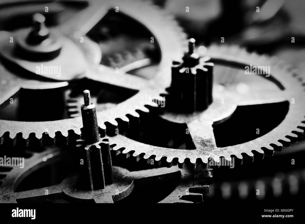 Grunge gear, cog wheels black and white background. Industrial, science Stock Photo