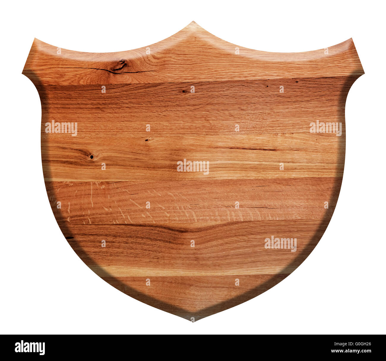 Wooden shield isolated on white. Natural oak wood Stock Photo