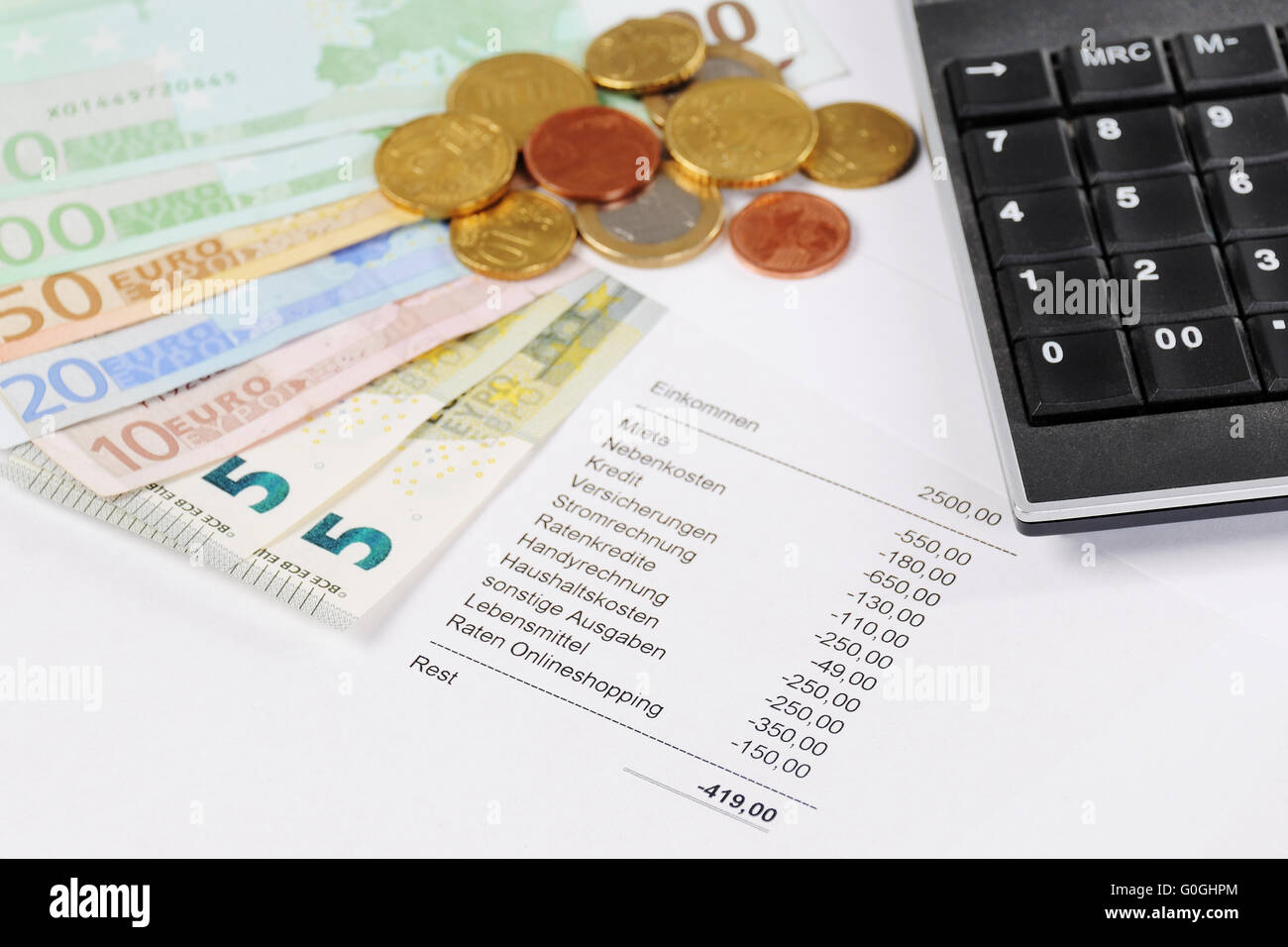 Euro bill and Coins with chart and calculator Stock Photo