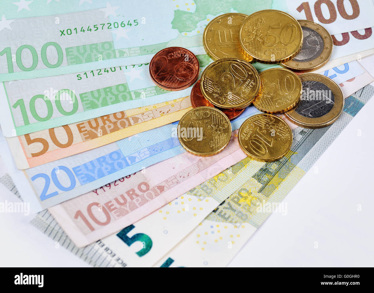 Euro Bill and coins with white background Stock Photo