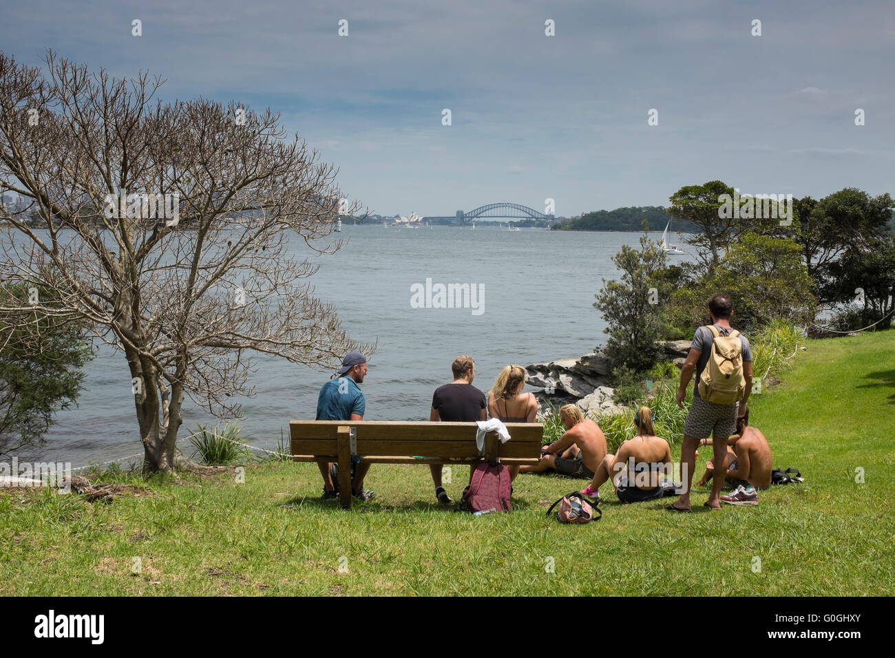 group of friends looking at the view of Sydney Harbour, Nielsen Park, Sydney Stock Photo