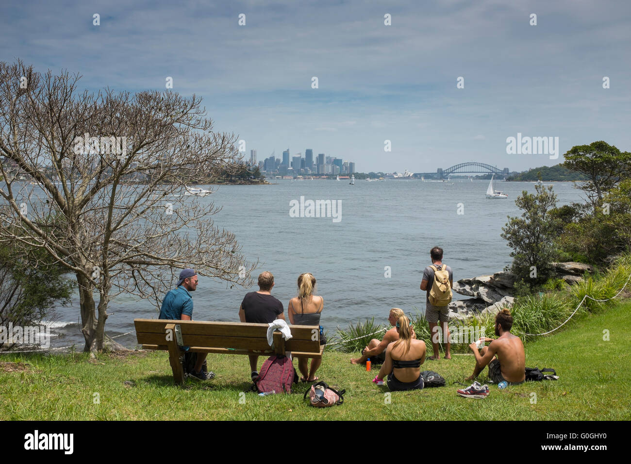 group of friends looking at the view of Sydney Harbour, Nielsen Park, Sydney Stock Photo